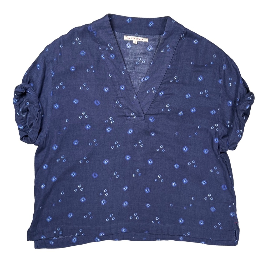 Xirena Popover Top Women Small Navy Blue Batik Dot Short Sleeve Cotton Relaxed